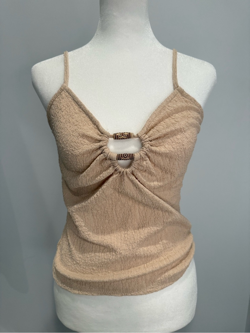 Good Luck Gem Beige Textured Camisole with Decorative Ring